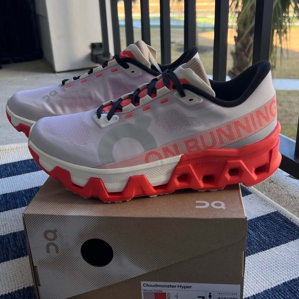 On Running Cloudmonster Red and White Shoes